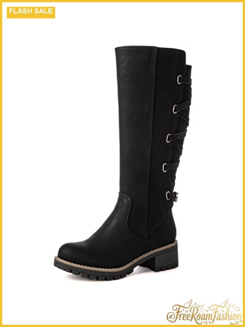 Faux Leather Knee High Motorcycle Riding Boots Lace Up Back Low Heel